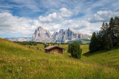 Alpe di Siusi - Seiser Alm ve Sassolungo - Langkofel dağ grubu mavi gökyüzünün önünde bulutlu. Yaz boyunca kayak merkezinde ahşap dağ evi olan yeşil çimen tepeleri, Dolomitler, Trentino Alto Adige, Güney Tyrol, İtalya
