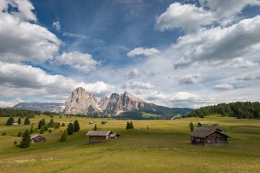 Alpe di Siusi - Seiser Alm ve Sassolungo - Langkofel dağ grubu mavi gökyüzünün önünde bulutlu. Yaz boyunca kayak merkezinde ahşap dağ eviyle yeşil çimen tepelerinin panoramik manzarası, Dolomitler, Trentino Alto Adige, Güney Tyrol, İtalya