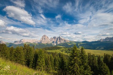 Alpe di Siusi - Seiser Alm ve Sassolungo - Langkofel dağ grubu mavi gökyüzünün önünde bulutlu. Yaz boyunca kayak merkezindeki yeşil çimen tepelerinin panoramik manzarası, Dolomitler, Trentino Alto Adige, Güney Tyrol, İtalya
