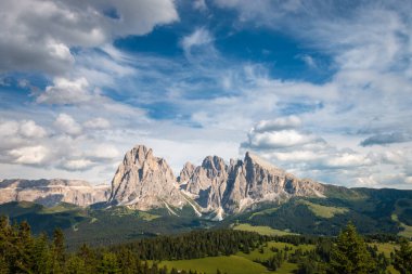 Alpe di Siusi - Seiser Alm ve simgesel Sassolungo - Langkofel dağ grubu mavi gökyüzü önünde yaz boyunca bulutlarla kayak merkezinde, Dolomitler, Trentino Alto Adige, Güney Tyrol, İtalya
