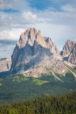 Sassolungo Langkofel yazın Alpe di Siusi - Seiser Alm, Dolomitler, Trentino Alto Adige, Güney Tyrol, İtalya.
