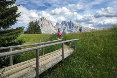 Alpe di Siusi - Seiser Alm ve Sassolungo - Langkofel dağ grubu mavi gökyüzünün önünde bulutlu. Dolomitler, Trentino Alto Adige, Güney Tyrol, İtalya 'da yaz aylarında iki çocuklu tahta ayaktakımı kayak merkezinde yürüyüş yapıyor.