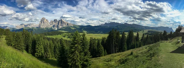 Panoramatický Výhled Alpe Siusi Seiser Alm Horskou Skupinou Sassolungo Langkofel — Stock fotografie