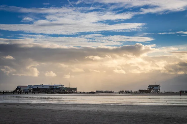 Panoramic View Stilt Houses Wooden Seabridge Low Tide North Sea — Stock Photo, Image