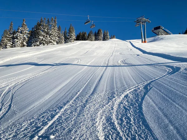 Trois Traces Uniques Sur Piste Ski Sous Télésiège Dans Les — Photo