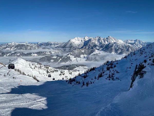 Vue Panoramique Des Monts Lofer Enneigés Droite Des Pistes Ski — Photo
