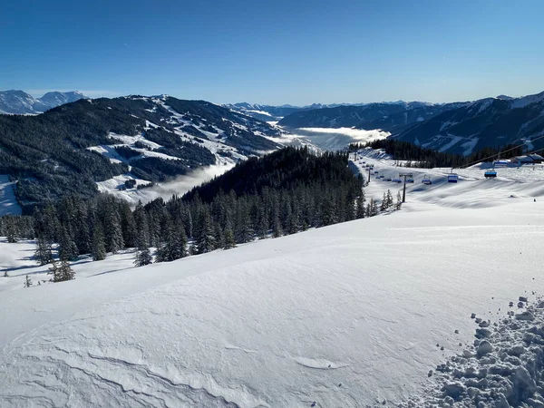 Panoramic View Snow Covered Mountains Ski Region Saalbach Hinterglemm Austria Stock Picture