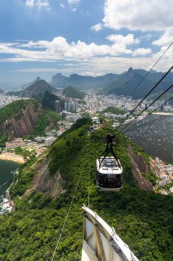 Sugar Loaf Mountain teleferiğinden yeşil yağmur ormanlarına ve şehir manzarasına, Rio de Janeiro, Brezilya