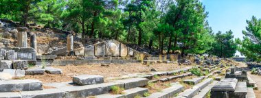 Güneşli bir yaz gününde, Türkiye 'nin Priene kentindeki Batı Kapısı caddesinin kalıntıları.