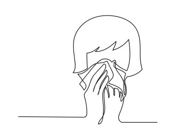 Tıbbî maske takan kesintisiz bir çizgi. Corona virüsü kavramı.