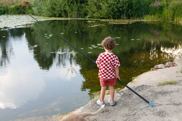 Young Boy Fishing Riverbank Alone His Underwear — Stock Photo