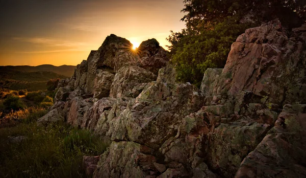 Rocks Mountain Landscape Sun Rays Sunset Almodovar Del Campo Spain — Stock Photo, Image