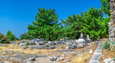 Türkiye 'nin antik Yunan kenti Priene' nin kalıntıları güneşli bir yaz gününde