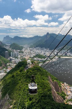 Sugar Loaf Mountain teleferiğinden yeşil yağmur ormanlarına ve şehir manzarasına, Rio de Janeiro, Brezilya