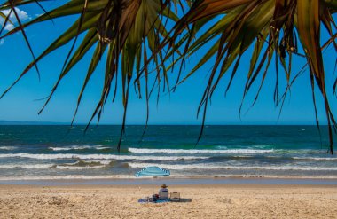 woman sitting beneath parasol on the beach in Noosa Heads / Australia clipart