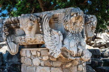 Güneşli bir yaz gününde Didyma, Türkiye 'deki Apollo Tapınağı sütunlarının heykelleri ve ayrıntıları