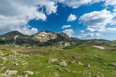 Kamenitsa zirvesinin altındaki taş tepeler, Pirin Dağı, Bulgaristan.