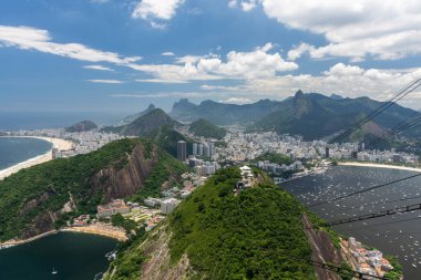 Sugar Loaf Mountain teleferiğinden yeşil yağmur ormanlarına ve şehir manzarasına, Rio de Janeiro, Brezilya