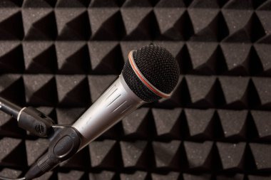 Ses yalıtımının arka planına karşı stüdyodaki dinamik mikrofon