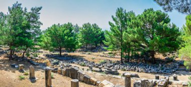 Güneşli bir yaz gününde, Türkiye 'nin Priene kentindeki Batı Kapısı caddesinin kalıntıları.