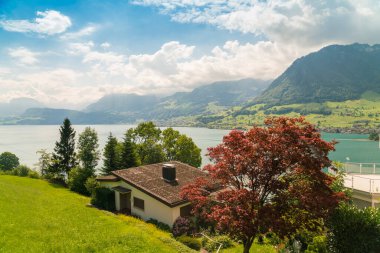 Lucerne Gölü 'nün kıyısında, yaz aylarında arkasında dağlar olan bir kulübe.