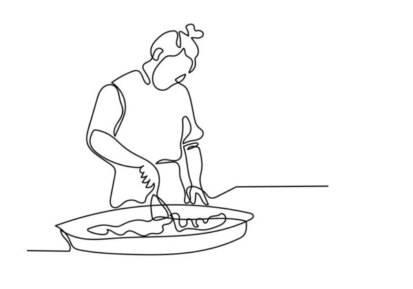 One continuous line drawing of chef prepares food in the kitchen.