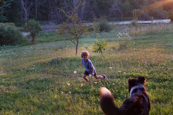 Petit Garçon Jouant Avec Chien Milieu Rural — Photo