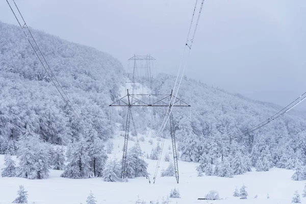 Piloni Elettrici Nelle Montagne Invernali Bulgaria — Foto Stock