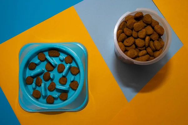 Blue bowl of dog food with dog feed. Concept of dog food.