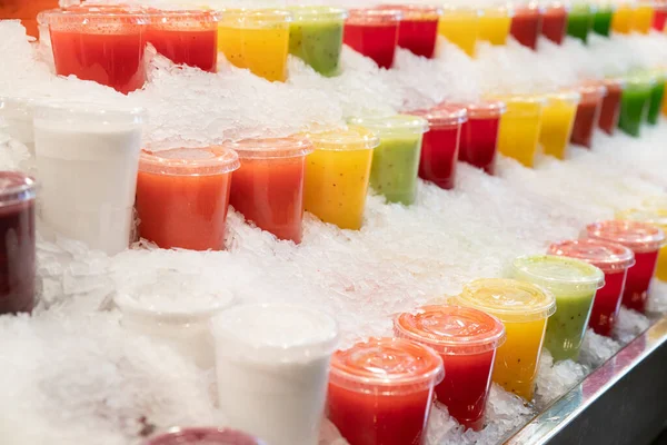 Verse Sappen Bij Voedsel Mercado Boqueria Markt Rambla — Stockfoto