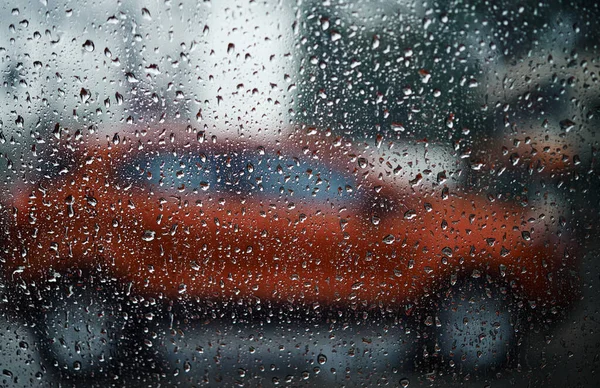 Ver Através Vidro Gotas Dia Chuvoso — Fotografia de Stock