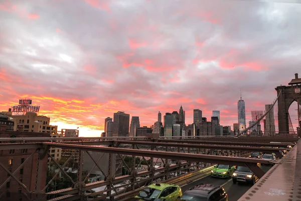 Skyline Downtown New York Brooklyn Bridge Sunset — Stock Photo, Image