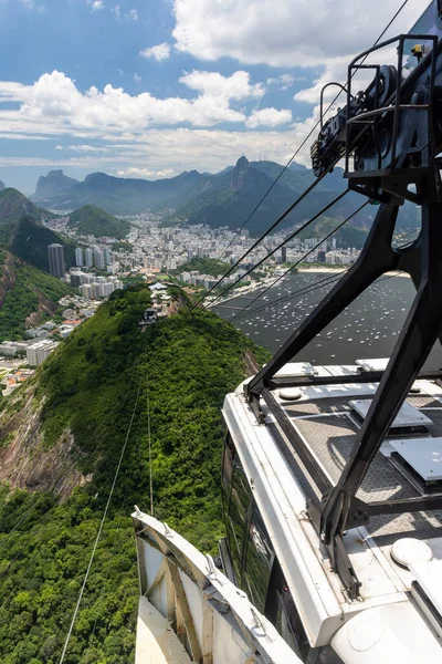 Beautiful view from Sugar Loaf Mountain cable car to green rainforest and city landscape, Rio de Janeiro, Brazil