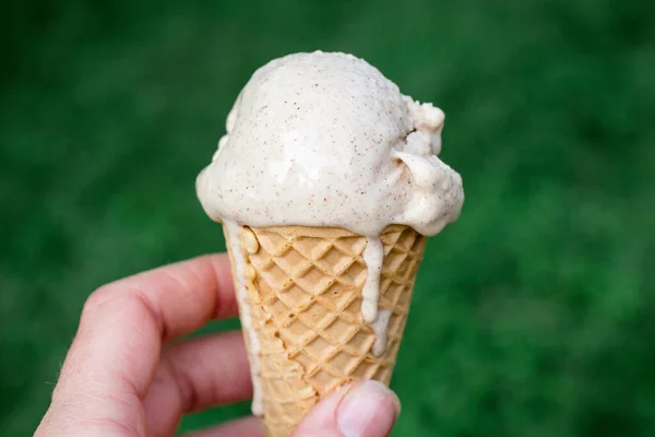 Close Dripping Ice Dream Cone Hand — Stock Photo, Image