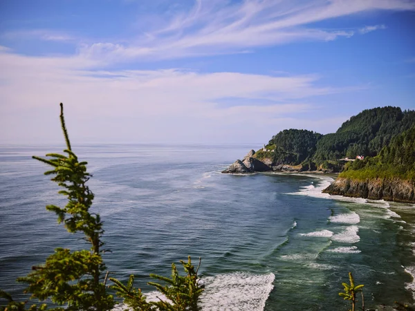 Oregon sahilinde deniz feneri olan ormanlık bir sahil koyunda..
