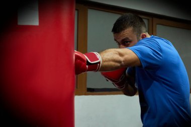 Spor salonunda spor yapan kendine güvenen erkek boksörün yan görünüşü