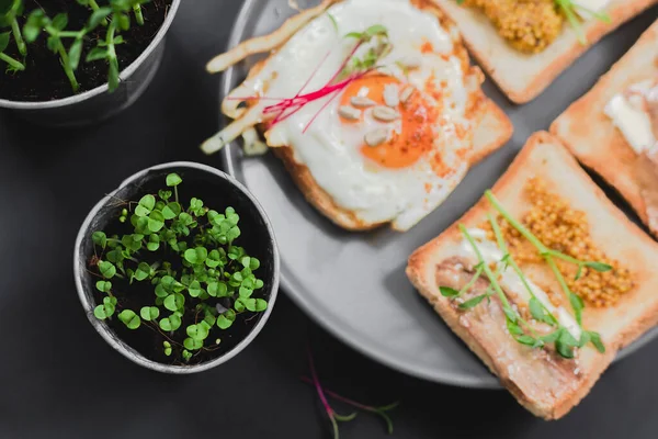 Variedad Sándwiches Para Desayuno Merienda Aperitivos Con Huevo Frito Pasta — Foto de Stock