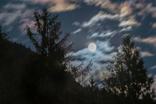 Dolunay Siluet Ağaçlı Bulutların Uzun Pozu Squamish — Stok fotoğraf