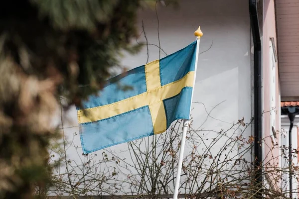 Close Swedish Flag Flying Garden Sweden — Foto Stock