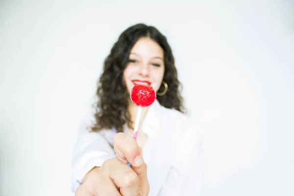 Young Girl Red Lollipop Red Lips White Background — Fotografia de Stock