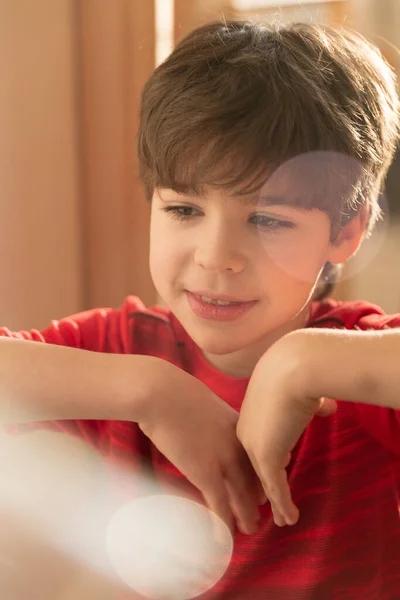 Porträt Eines Charmanten Fröhlichen Jungen Einem Roten Shirt Mit Sonnenstrahlen — Stockfoto