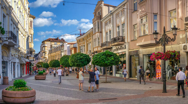 Plovdiv, Bulgaria - 07.24.2019. Knyaz Alexamder Street in Plovdiv, Bulgaria, the main street on a sunny summer day