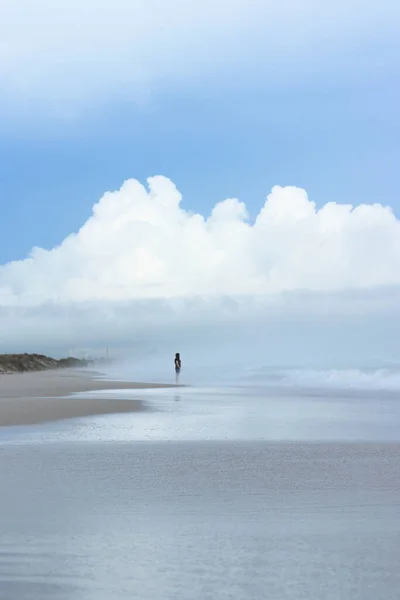Дівчина Профілі Пляжі Багатьма Хмарами Задньому Плані — стокове фото