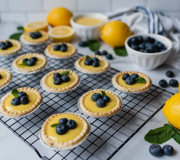 Mini Lemon Tarts Blueberries Cooling Rack Marble Counter — Stock Photo, Image