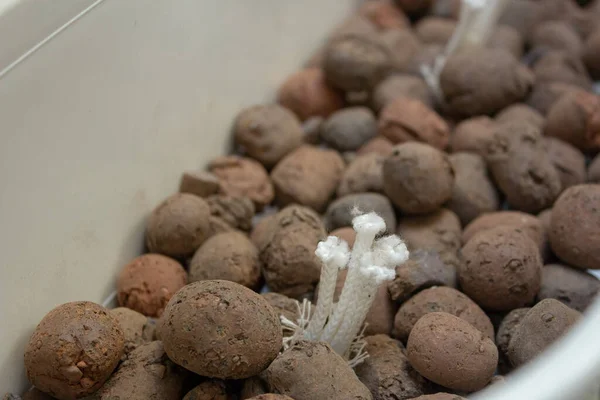 Expanded clay on a white flowerpot in preparation for planting some herbs — Stock Image Expanded Clay White Flowerpot Preparation Planting Some Herbs Stock Photo