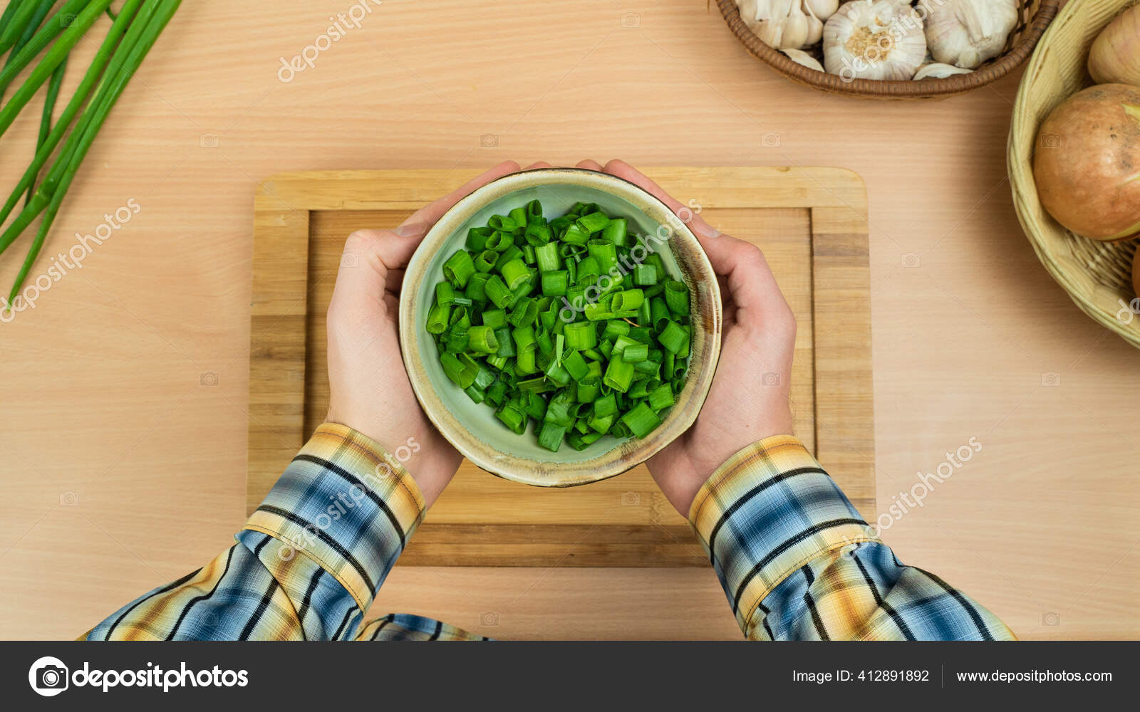 Countryside Man Holding Bowl Fresh Chives Kitchen Stock Photo Image By Cavan 412891892