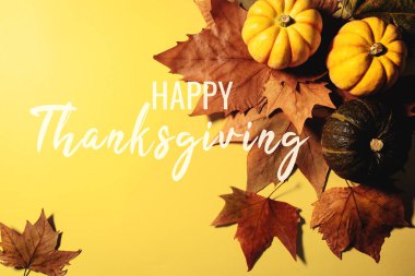 Sarı arka planda akçaağaç yaprakları ve balkabağı olan Şükran Günü 'n kutlu olsun.