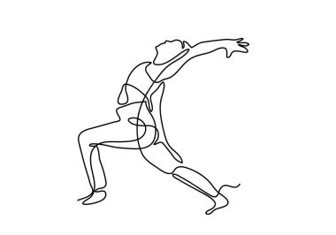 Sürekli bir çizgi ya da tek çizgi çizimi. Beyaz arka planda yoga yapan bir kadın.., 