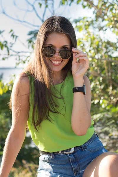 Portrait Young Beautiful Brunette Woman Summer Time — Stock Photo, Image