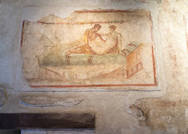 Фреска Situ Изображающая Половой Акт Меню Борделя Древней Греческой Руине — стоковое фото